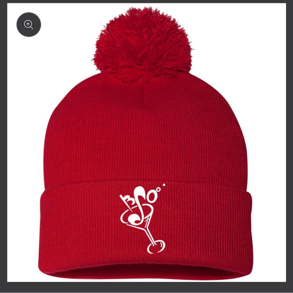 Brian Setzer Orchestra red Martini Embroidered White Logo Pom Knit Beanie Hat
